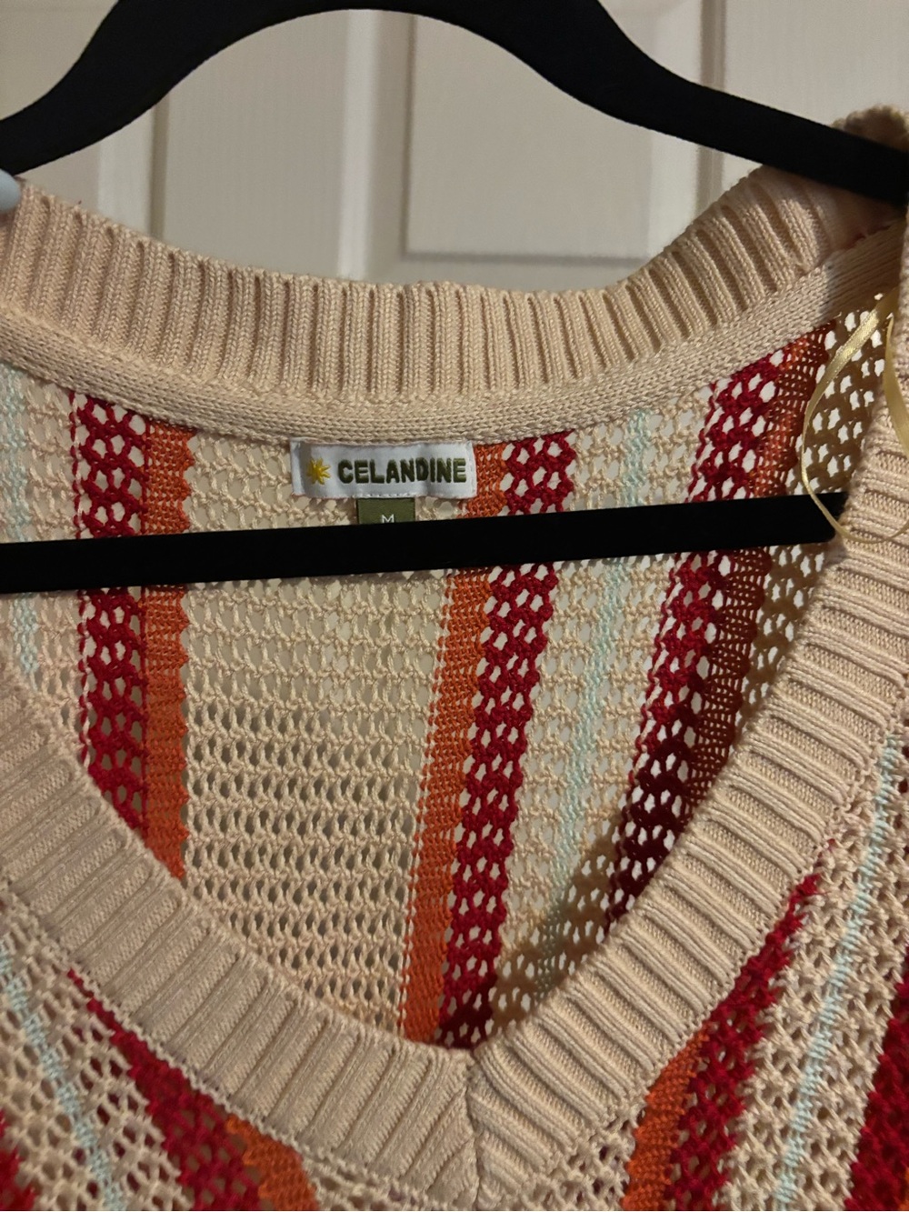Celandine Open-Knit V-Neck Sweater in Beige with Red & Orange Stripes